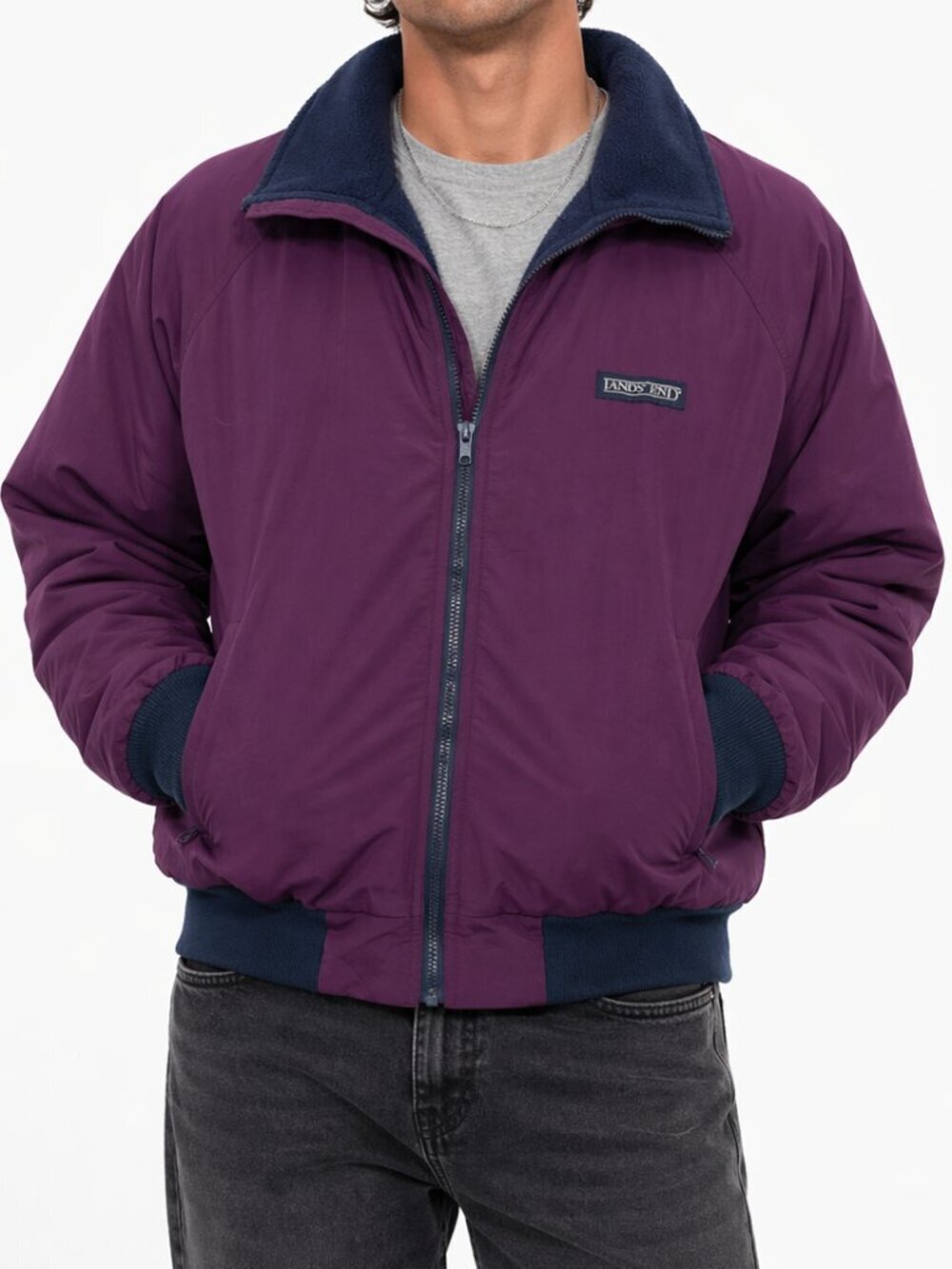 LANDS END Fleece Warm Up Squall Jacket Purple Coat Large VINTAGE 90s